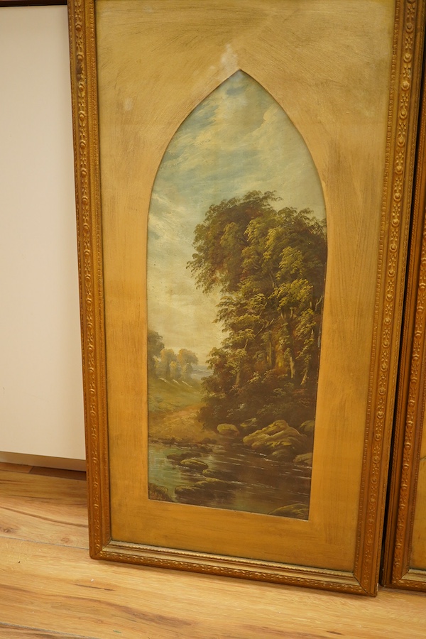 Victorian School, River and woodland landscapes, some indistinctly signed, two pairs of arched oils on board, largest pair 57 x 22cm, glass a.f. to one painting